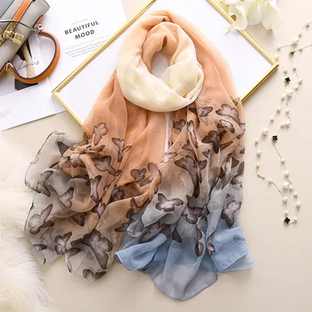 

Gradient Butterfly Pattern Silk Scarf Women Crocodile Wrinkles High Quality Fabrics Shawls Wrap Office Air Conditioning Pashmina