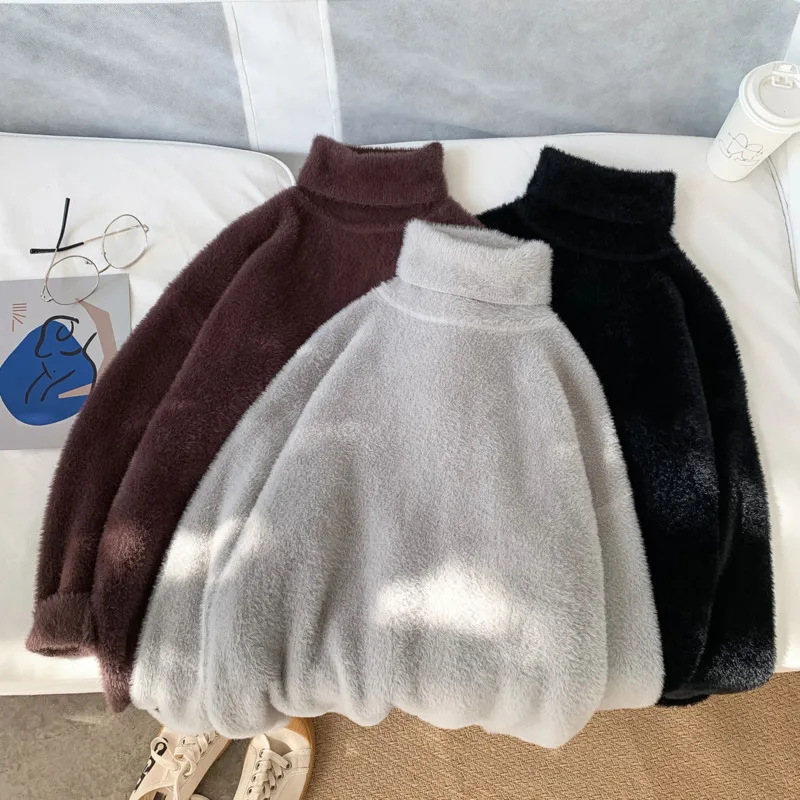 

Winter Flocking Turtleneck Sweater Men's Warm Fashion Casual Knitted Pullover Men Loose KoreanKnitting Sweaters Mens Clothes