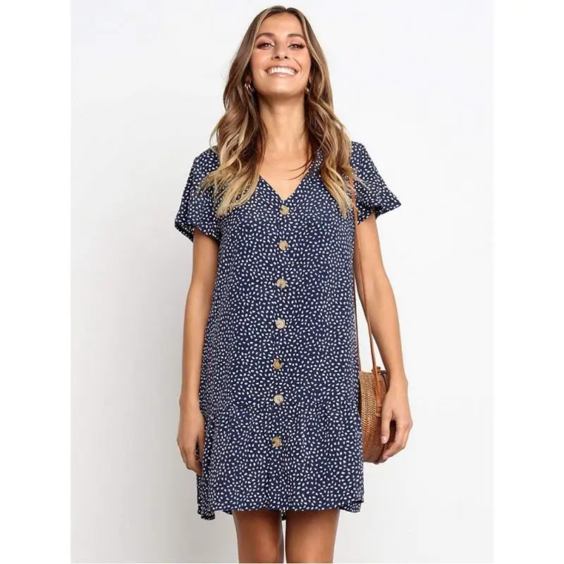 

New Style WOMEN'S Dress Spring And Summer Fashion Floral Printed Skirt V-neck Button Flounced Dress De0048