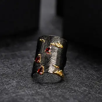 

GEM'S BALLET 925 Sterling Silver Black Art Jewelry Handmade Clouds Sea Swallows Natural Red Garnet Gemstone Rings For Women