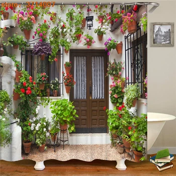 

Garden Flowers Scenery Shower Curtains Printed Fabric Bathroom Waterfall Landscape Decor Waterproof Cloth Curtain Set Cheap
