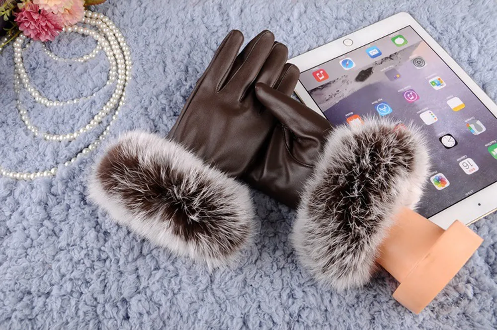 Новые женские перчатки кожаные зимние теплые мягкие женские варежки из кроличьего меха женские перчатки высокого качества