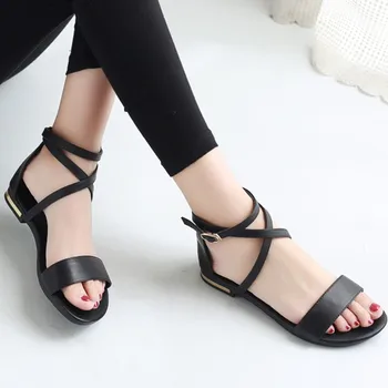 

Women Sandals Cow Leather Round Open-toed Flat Heel Slingback Buckle Casual Shoes Simple Fashion Style Size31-46