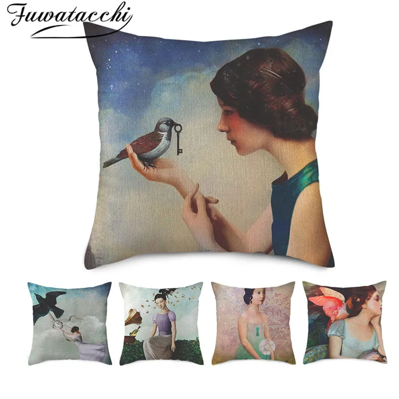 

Fuwatacchi Linen Portrait Printed Cushion Covers Beautiful Women Pillow Cover for Home Chair Sofa Decorative Pillowcases 45x45cm