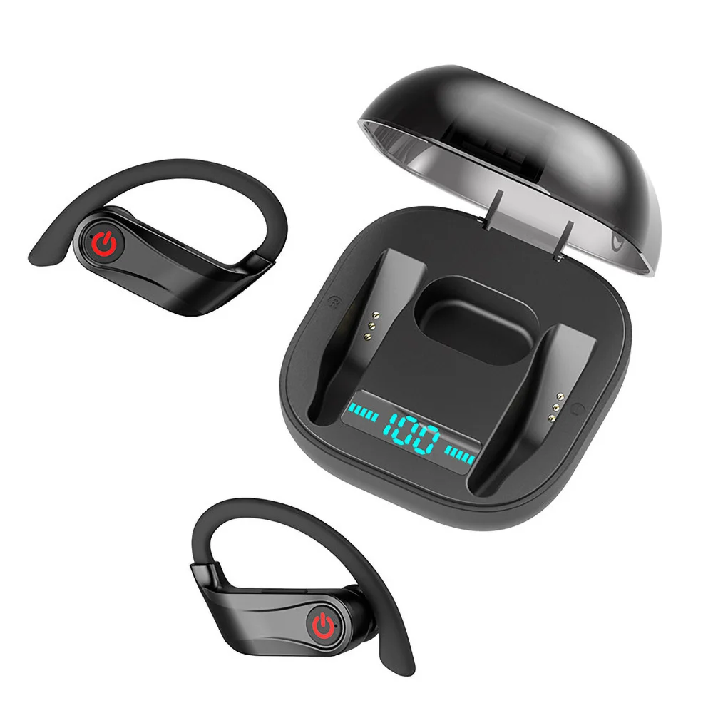 True TWS V5.0, Bluetooth наушники, ушные крючки, дизайн, черные, беспроводные наушники, мощность экрана, зарядный чехол, наушники, гарнитура