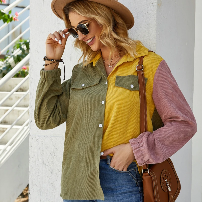 Casual Contrast Color Blouse Women Pocket Stand Collar Long Sleeve Corduroy Shirt Ladies Fashion Tops Clothes Blusa Feminina