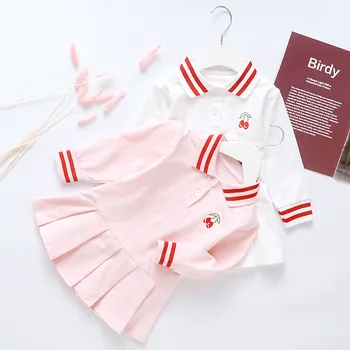 

Lolita Style turn down Collar Autumn Dress New Kids Children polo Dress Girls Long Sleeve casual white and pink dress