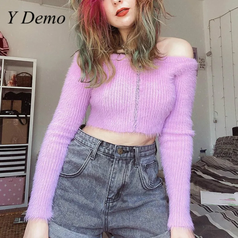Y Demo Grunge Solid Color Slash Neck Zipper Jacket Women Casual Long Sleeve Sexy Short Sweater Female Knitted Pullover |