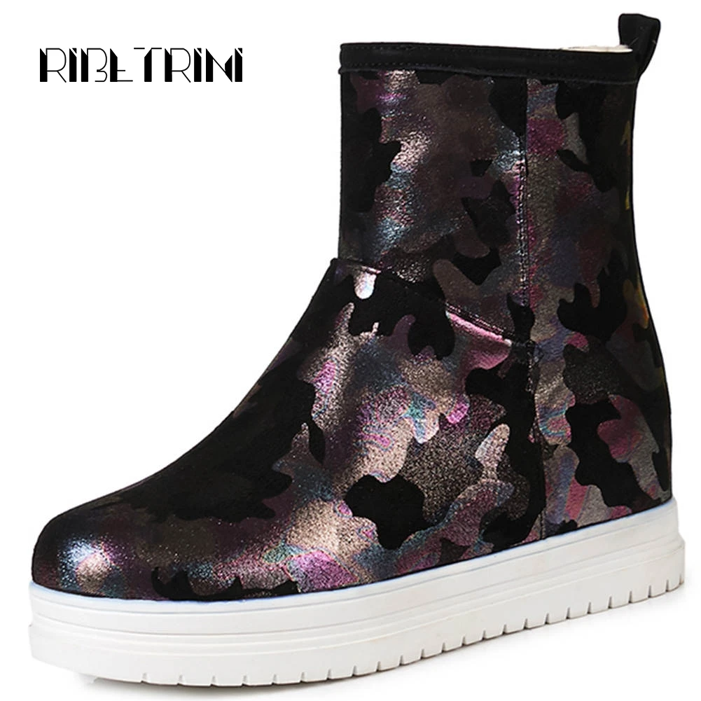 

RIBETRINI Flower Print Winter Fur Boots Women Hidden Wedge Heels Round Toe Platform Shoes Woman Side Zip Ankle Snow Boots