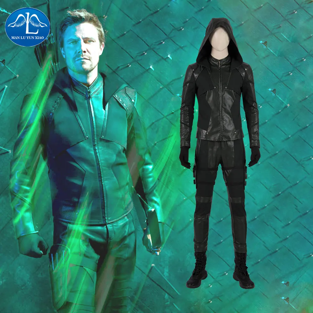 

Manluyunxiao Green Arrow Cosplay Oliver Queen Blackish Green Suit Halloween Costume Men DC Justice League Leather Coordinates