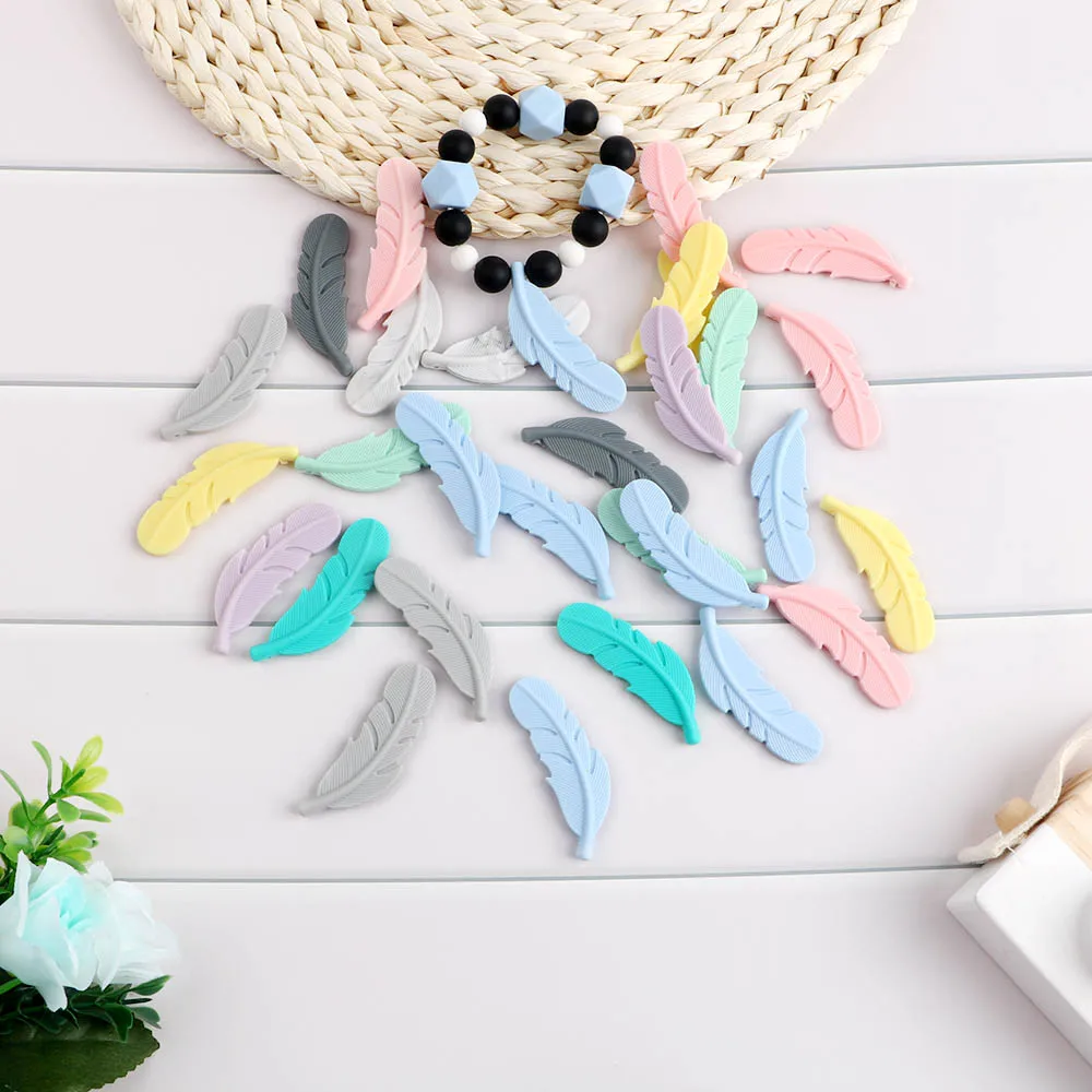 

kovict 10pcs Silicone Teether Feather Beads Handmade Accessories Teething Toys For Infant Newborn Gift Baby Teething Bead