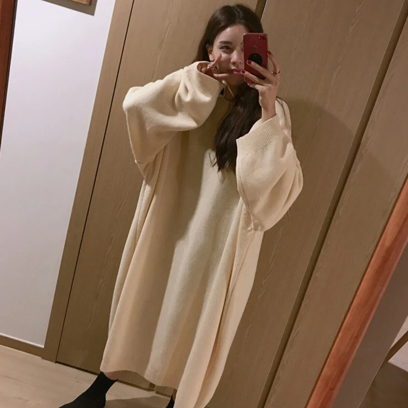 [EWQ] рукава накидки с круглым вырезом повседневные негабаритные серый свитер платье корейский модный толстый пуловер вязаный осень зима QK874