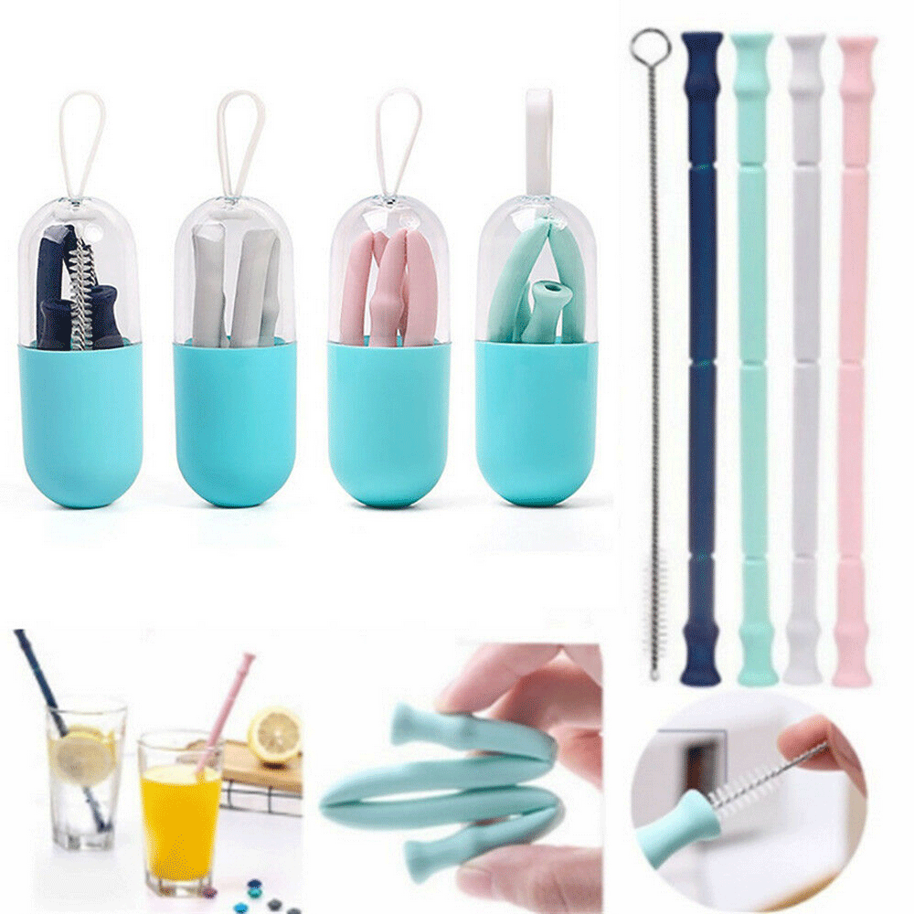 Reusable Folding Silicone Drinking Straw With Cleaner Brush Can Kit Tools Goodis Carrying Case Travel Home Bottle Cup Straws