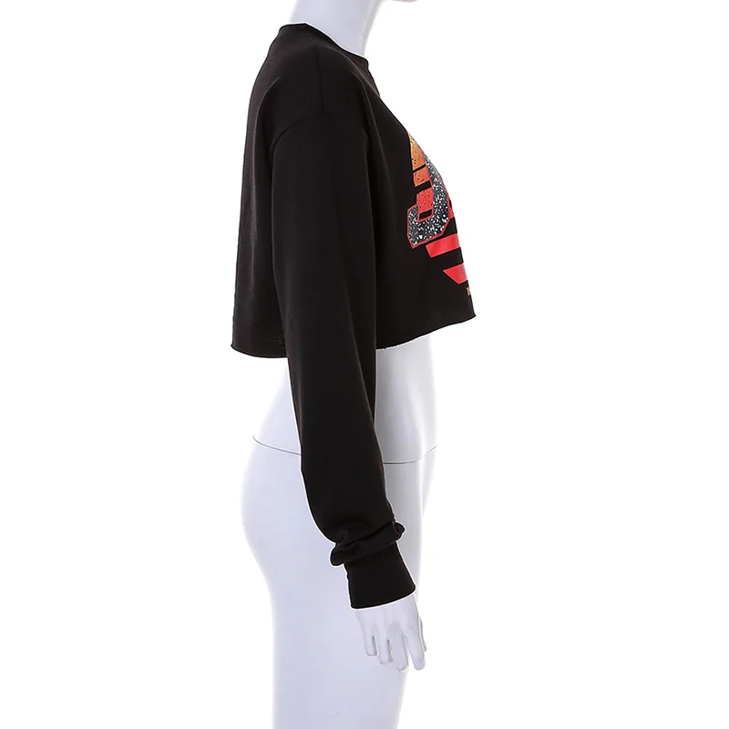 Новые осенние женские толстовки с длинным рукавом с принтом Midriff Baring худи укороченный черный свободный тип с круглым вырезом женские толстовки