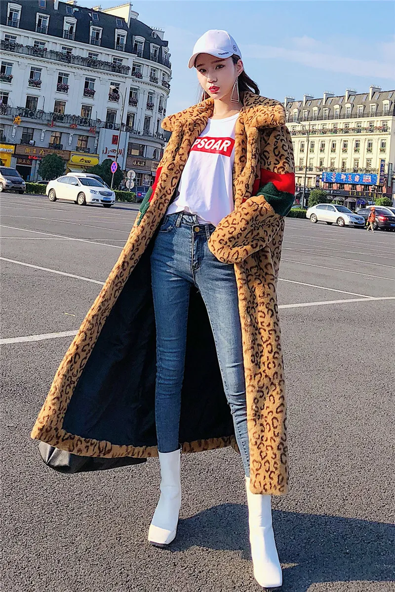 Зимние женские леопардовые Лоскутные Длинные пальто из искусственного меха женские большие размеры свободные меховые куртки Длинная Верхняя одежда - Цвет: Leopard
