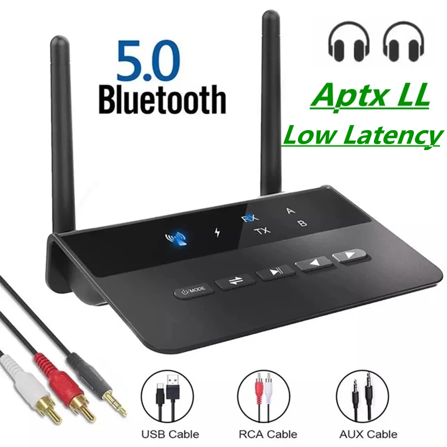 Receptor y transmisor Bluetooth 5,0 de 80M, adaptador de Audio inalámbrico de baja latencia Aptx LL, conector AUX RCA de 3,5mm para auriculares de PC y TV