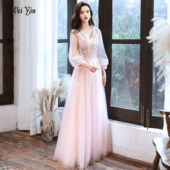 

wei yin AE0414 New Banquet Elegant Pink Long Evening Dress V-neck 3/4 Sleeve Lace Zipper Party Formal Gowns