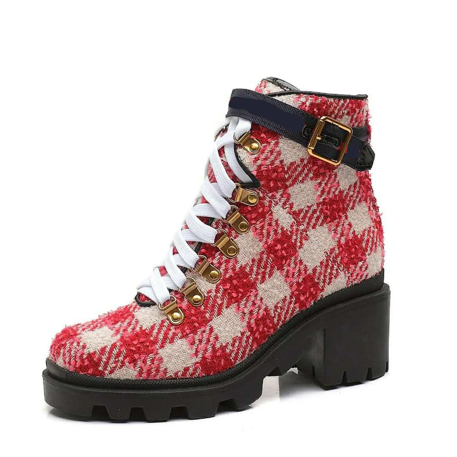 Женские ботинки в клеточку на шнуровке; Botas Feminina; Разноцветные ботильоны; Botas Mujer; обувь на толстом каблуке; модная женская обувь; ботинки на платформе