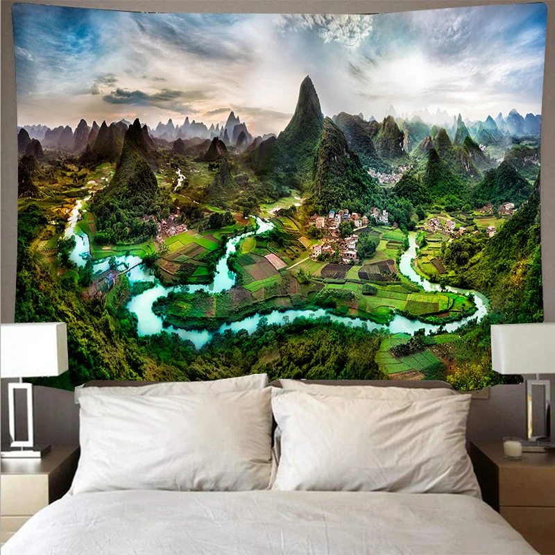 

Mountain rolling forest lake scenery cheap tapestry art psychedelic wall hanging beach towel mandala thin blanket yoga GT120