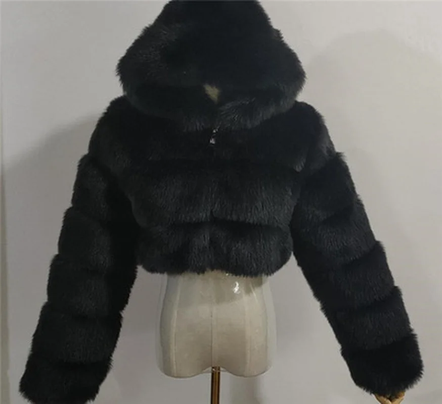 High Quality Furry Cropped Faux Fur Coats and Jackets Women Fluffy Top Coat with Hooded Winter Fur Jacket Manteau Femme