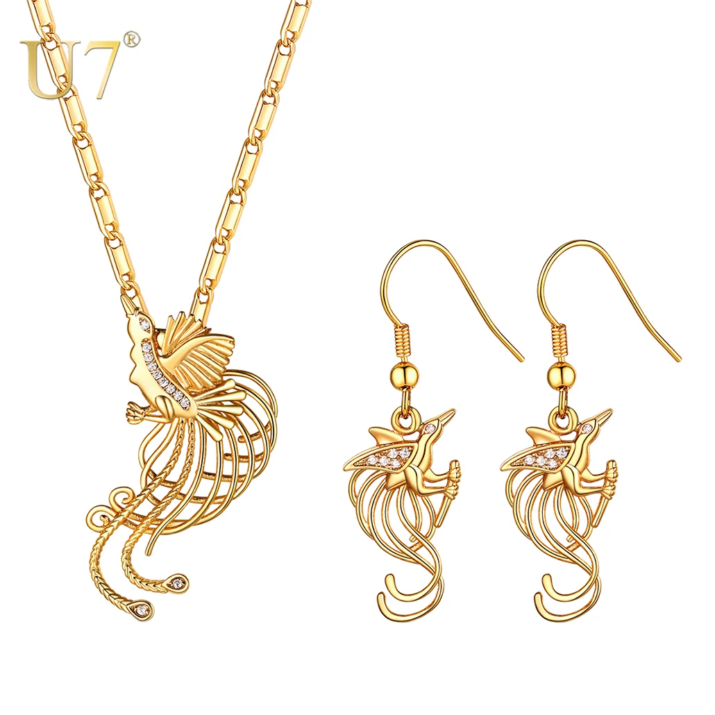 U7 ожерелья и висячие серьги в виде птиц из рая, набор украшений для женщин, свадебные украшения, подарки S1029