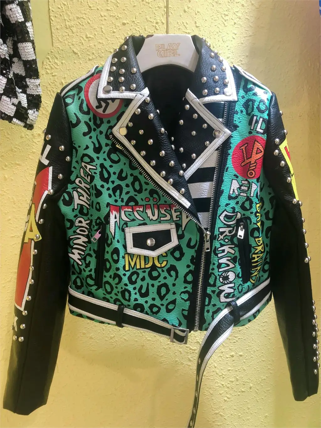 Street style autumn spring Graffiti pattern Leather Jackets Women Ladies Motorcycle Punk Cropped pu leather Jacket with belt