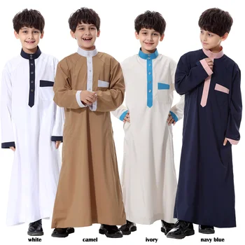

2020 Children arabic clothes boys muslim abayas long sleeve dress islamic kids maxi robe cute patchwork abaya with pockets