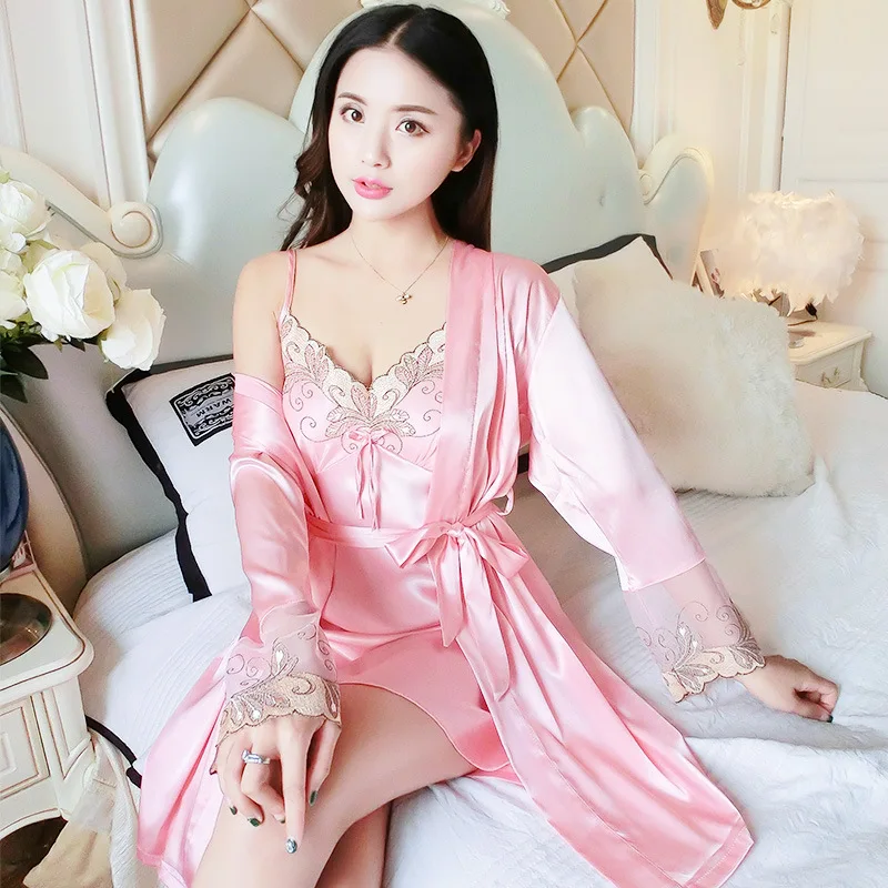 

2018 New Style Robe Female Spring And Autumn Women's Imitated Silk Fabric Nightgown Piece Lace-up