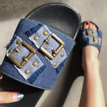 

Summer New Fashion Buckle Women Denim Slippers Flat Casual Slippers Blue Flip Flops Personality outdoor Beach Slides Size 36-41