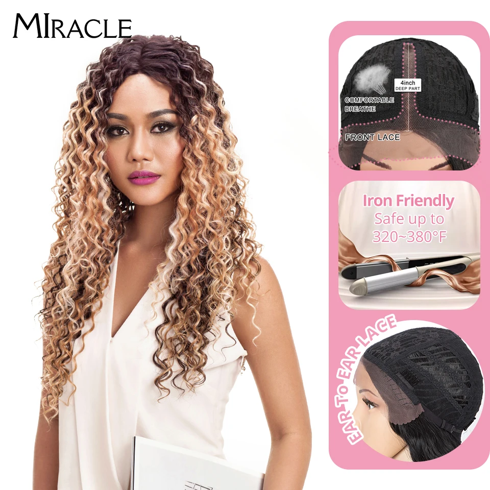 

Miracle 30 Inches Synthetic Curly Wigs For Black Women Blonde Brown Colors Long Afro Kinky Curly Hair Middle Part Lace Front Wig