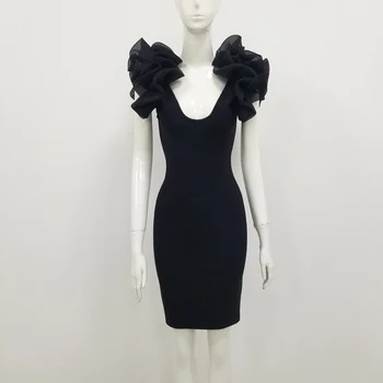 

2020 New Arrival Ladies HL Bandage Dress Ruffles Sleeveless Sexy Bodycon Mini Dress V-Neck Rayon Red Carpet Dress Wholesale