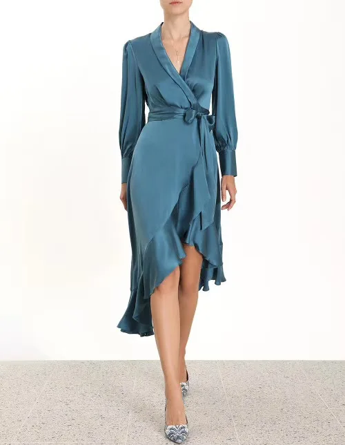 Осеннее женское сатиновое платье, женское платье-фонарик с длинным рукавом, на шнуровке, асимметричное платье миди с рюшами, платья для женщин, мода - Цвет: Синий