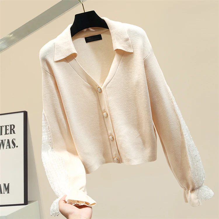 Autumn Winter Lapel Thick Knitted Cardigan Sweater Female Knit Coat Fashion Lace Sleeve Cardigans Jacket Womens Basic Sweaters