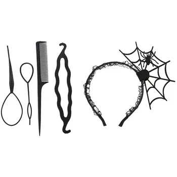 

Women's 4Pcs Hair Twist Styling Clip Stick Bun Maker Braid Tool Black with Halloween Cosplay Spider Hair Hoop 1