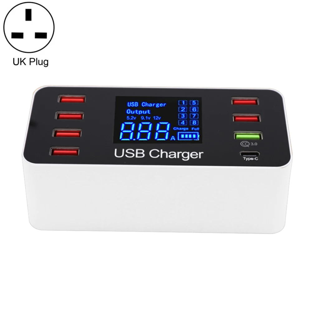 8 портов 8A QC 3,0 USB зарядное устройство USB 3,0 type-C зарядное устройство для телефона светодиодный дисплей с разъемом США/Великобритании/ЕС для iPhone X XS samsung huawei - Тип штекера: UK plug