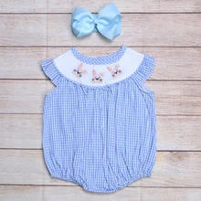 

Summer Girls Clothes Blue Plaid Sleeveless Easter Three Bunny With Pink Bow Embroidered Pattern Toddler Baby Romper