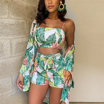 

Summer New Women Boho 3Pcs Floral Print Cardigan Blouse+Crop Top+Shorts Lady Holiday Beach Three Pieces Set Casual Shorts Sets