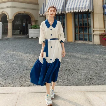 

Contrast Color Splicing Dress 2020 Spring and Autumn New Style Elegant Goddess Fan French Slimming Fairy Immortal MORI Series Lo