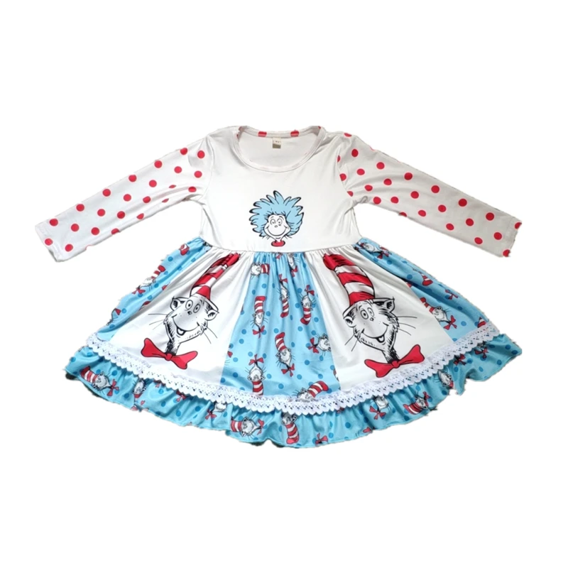 

2019 Christmas style Dr. Seuss print red polka twirl dress baby girl boutique clothes