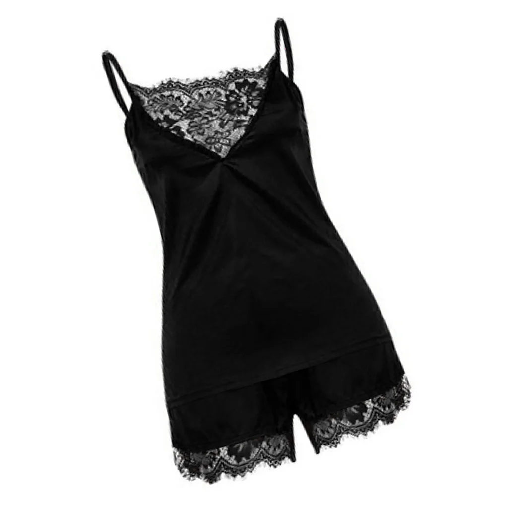 Women's Black Sexy Lace Satin Sleepwear Cami Top and Shorts Pajama Set