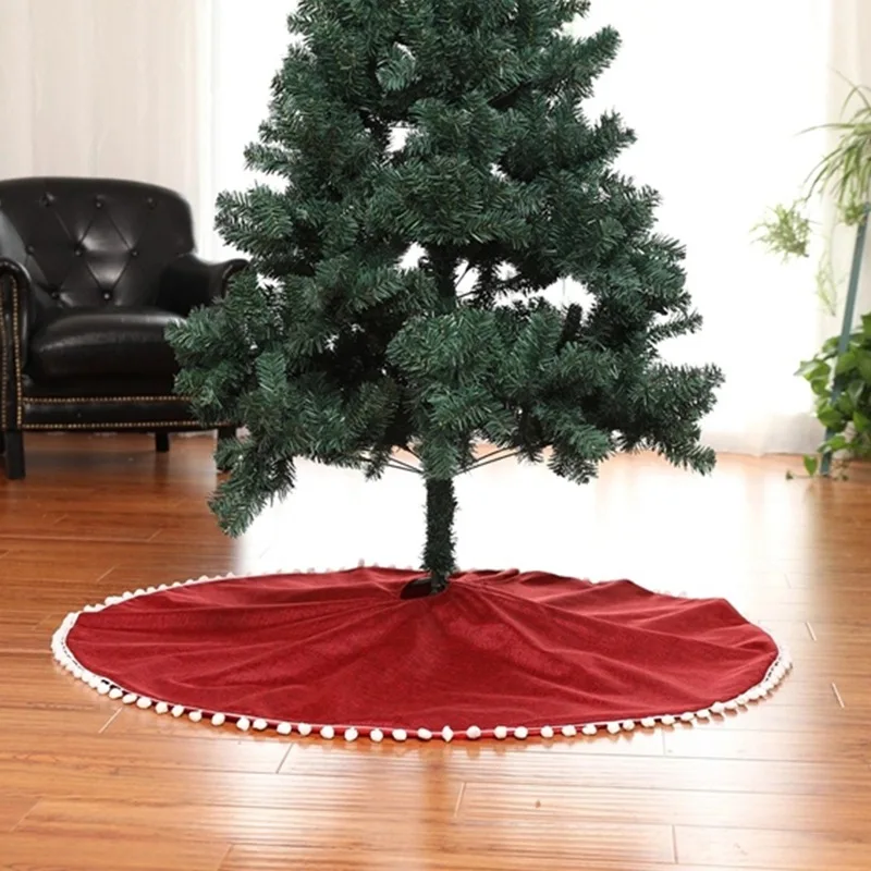 

48-Inch Christmas Tree Skirt With White Pom Pom Ball Soft Linen Cloth Invisible Nylon Clasp Party Xmas Tree Decorations