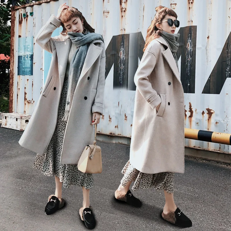 

2019 autumn and winter woolen coat female lapel chic woolen long section over the knees Slim college wind woolen coat woman