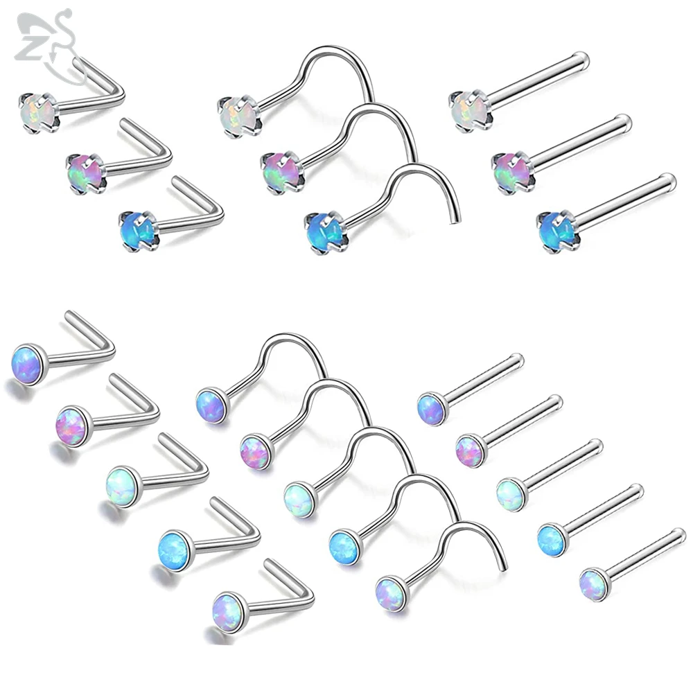 ZS 35pcs/lot Stainless Steel Nose Piercing Set Colorful Opal Nose