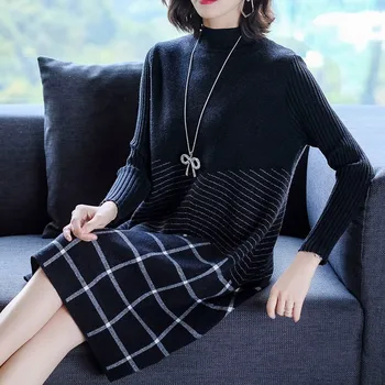 

Plus size Women Wool Knitted Dresses Turtleneck A-line Winter Autumn High Collar One Piece Dress Warm Plain Knitwear ladies
