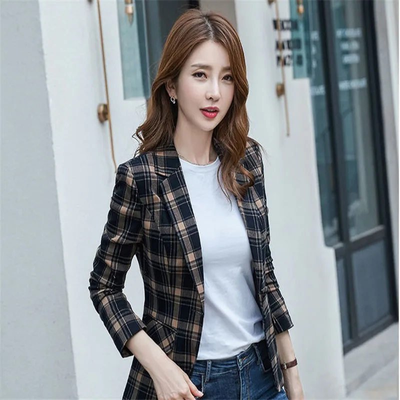 Women 2021 Plaid Suit Jacket Small All-Match Age Reduction Tops Female Relf-Cultivation Temperament Spring Autumn Small Suits106 2021 autumn new ol suit female fashion sexy hot girl small suit slightly slit strap short skirt pure color temperament suit