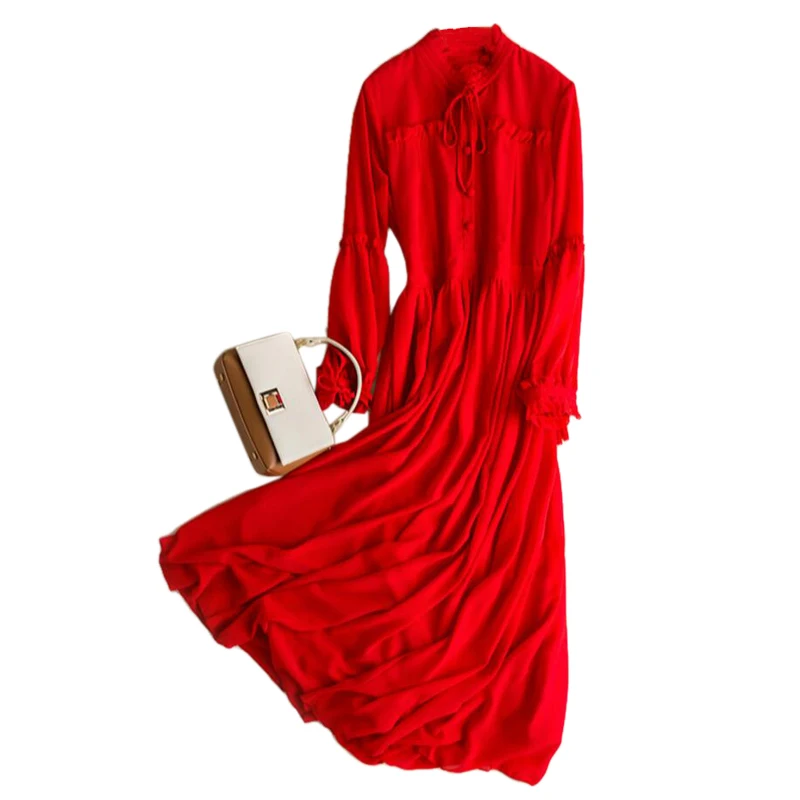 Новинка, Элегантное летнее женское платье высокого качества, домашнее Повседневное платье, Красный шифоновый с длинным рукавом, свободные платья, женская одежда - Цвет: Красный