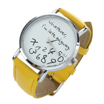 

"whatever i am late anyway "English alphabet Cartoon digital Leather Wrist Watch Yellow