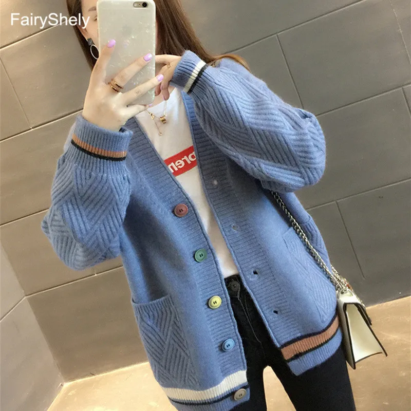 FairyShely Short sweater cardigan women Long sleeve streetwear ladies outwear jumper coat Casual female Girl winter sweater coat - Цвет: Синий