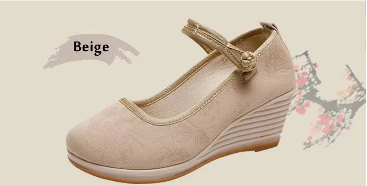 Chinese Style Button Strap Wedge Pumps for Women Retro Cotton Summer Shoes Ladies Dress Espadrilles Vintage Female Sandals