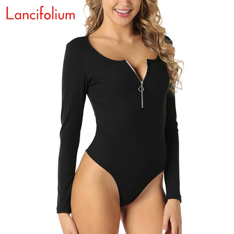 

Long Sleeve Zipper Bodysuit Women 2020 Bodycon Scoop Neck Sexy Body Suit Knit Cotton Ribbed Top White Black V Neck Bodysuit